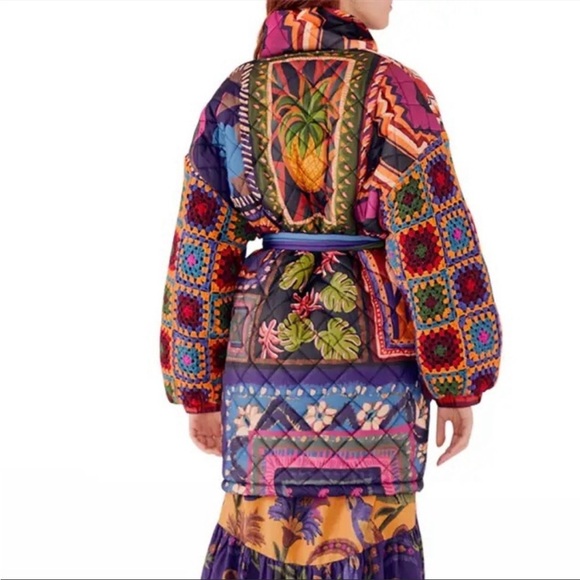 FARM RIO Patchwork Tapestry Crochet-Sleeve Puffer Jacket Coat Small NWT - Picture 5 of 14